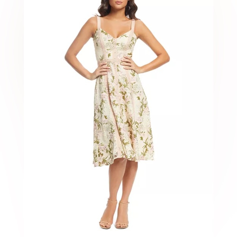 Dress the Population Blush Pink, Green, Cream Floral Lace Midi Dress